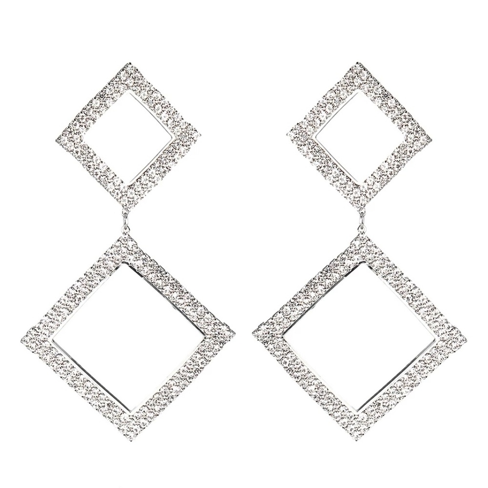 Geometrical Rhinestone Dazzel Earrings-Slv Plated